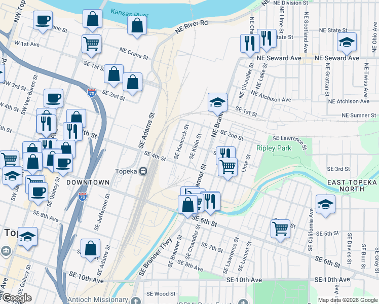 map of restaurants, bars, coffee shops, grocery stores, and more near 311 Southeast Klein Street in Topeka