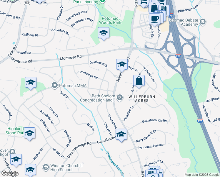 map of restaurants, bars, coffee shops, grocery stores, and more near 8003 Postoak Road in Potomac