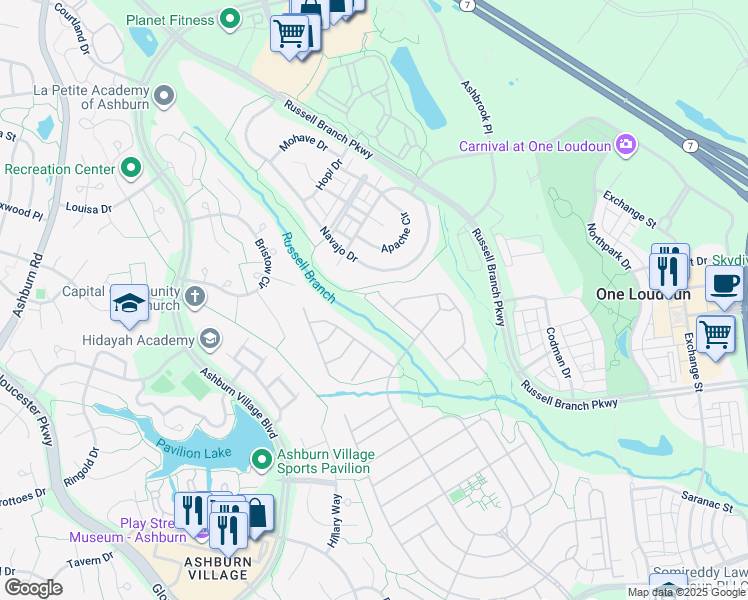 map of restaurants, bars, coffee shops, grocery stores, and more near 20365 Oyster Reef Pl in Ashburn