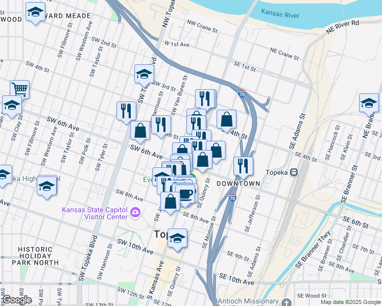 map of restaurants, bars, coffee shops, grocery stores, and more near 534 South Kansas Avenue in Topeka