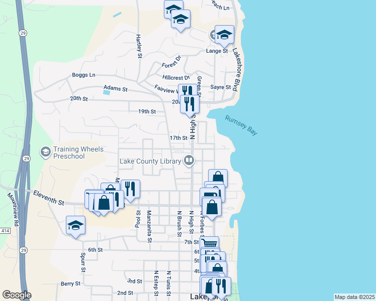 map of restaurants, bars, coffee shops, grocery stores, and more near 1575 North High Street in Lakeport