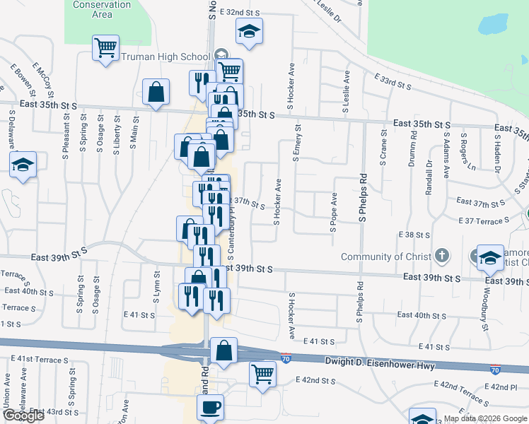 map of restaurants, bars, coffee shops, grocery stores, and more near 14213 East 37th Street South in Independence