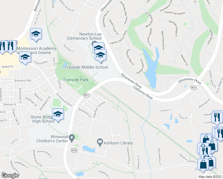 map of restaurants, bars, coffee shops, grocery stores, and more near 20375 Belmont Park Terrace in Ashburn