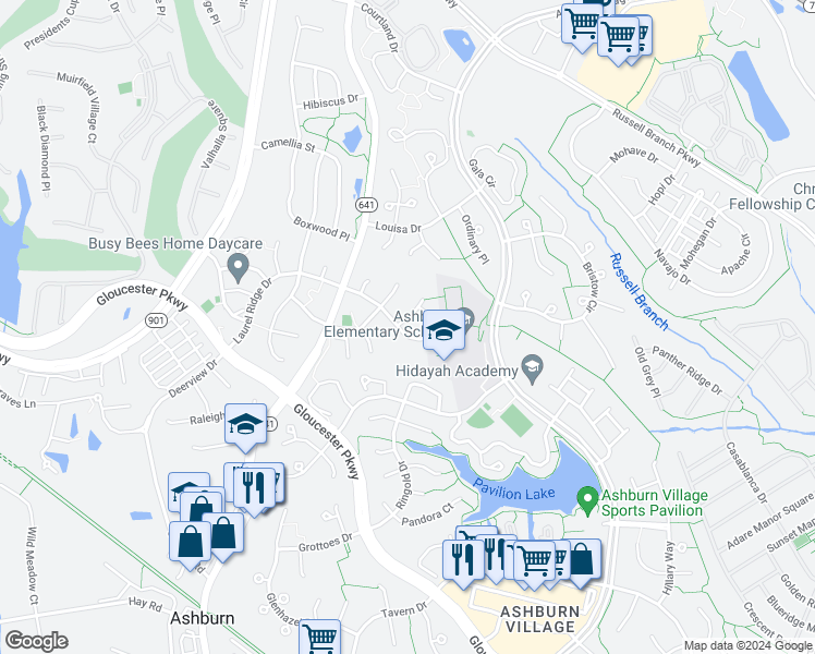 map of restaurants, bars, coffee shops, grocery stores, and more near 20370 Flushing Meadows Court in Ashburn