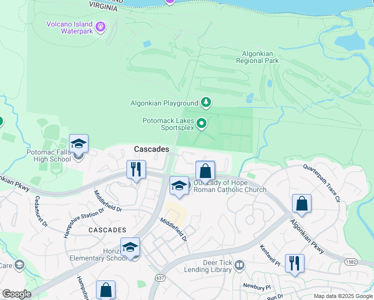 map of restaurants, bars, coffee shops, grocery stores, and more near 20354 Ashcroft Terrace in Sterling