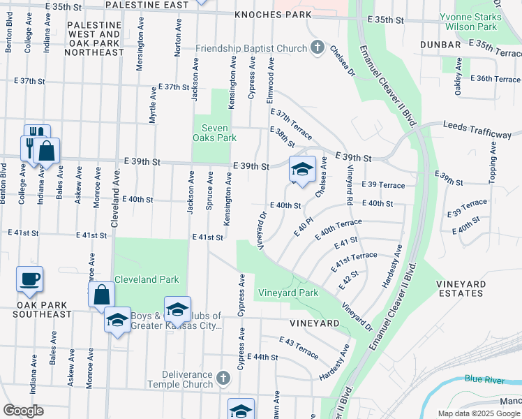 map of restaurants, bars, coffee shops, grocery stores, and more near 4001 Cypress Avenue in Kansas City