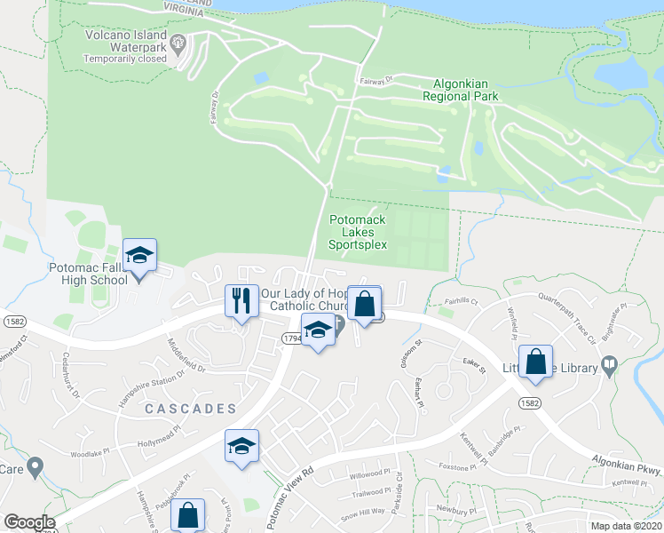 map of restaurants, bars, coffee shops, grocery stores, and more near 20354 Ashcroft Terrace in Sterling