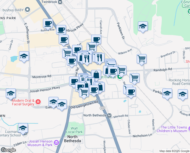 map of restaurants, bars, coffee shops, grocery stores, and more near 11931 Rockville Pike in Rockville