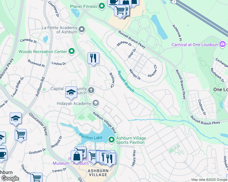 map of restaurants, bars, coffee shops, grocery stores, and more near 20380 Altavista Way in Ashburn