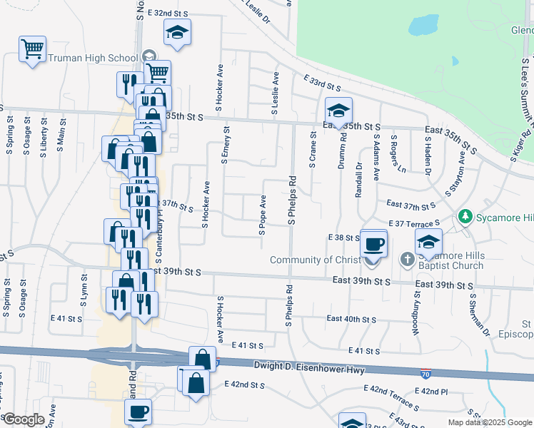 map of restaurants, bars, coffee shops, grocery stores, and more near 14512 East 37th Street South in Independence
