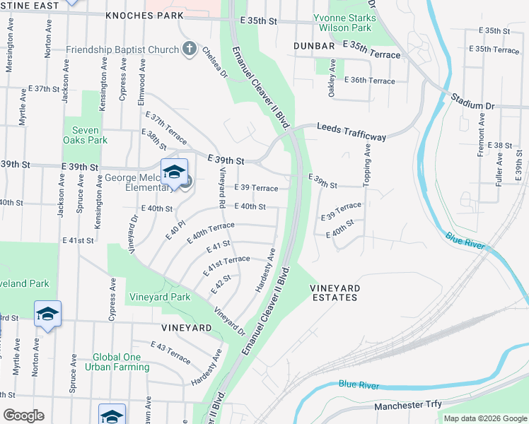 map of restaurants, bars, coffee shops, grocery stores, and more near 4008 Hardesty Avenue in Kansas City
