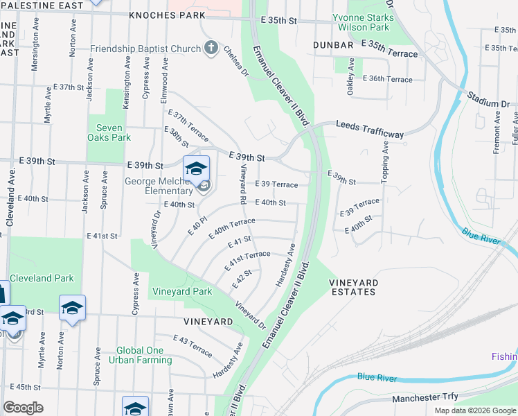 map of restaurants, bars, coffee shops, grocery stores, and more near 5122 East 40th Terrace in Kansas City