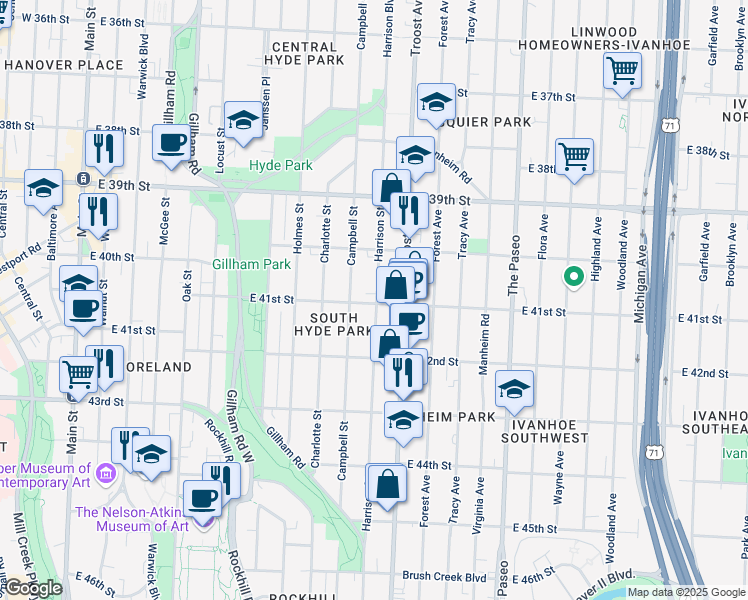 map of restaurants, bars, coffee shops, grocery stores, and more near 920 East 41st Street in Kansas City
