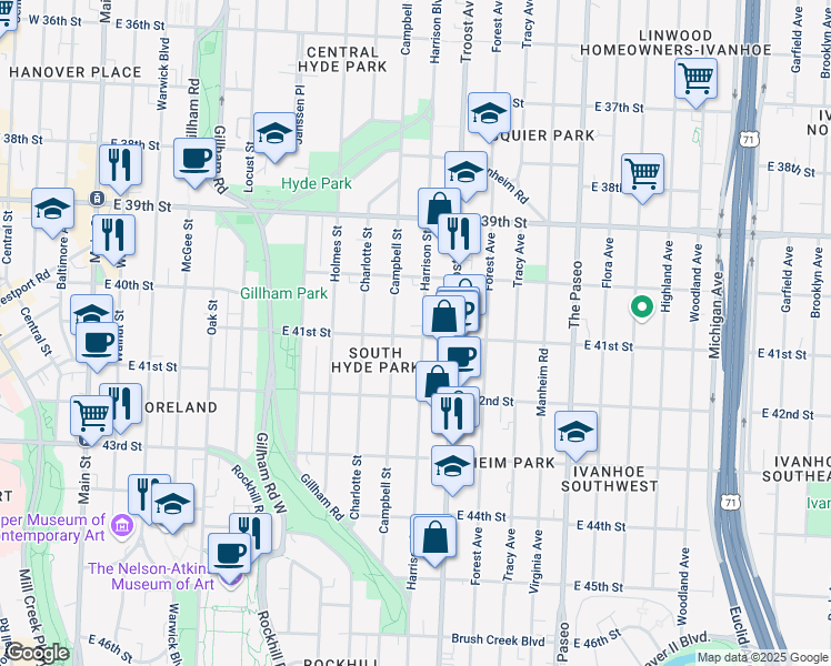 map of restaurants, bars, coffee shops, grocery stores, and more near 920 East 41st Street in Kansas City