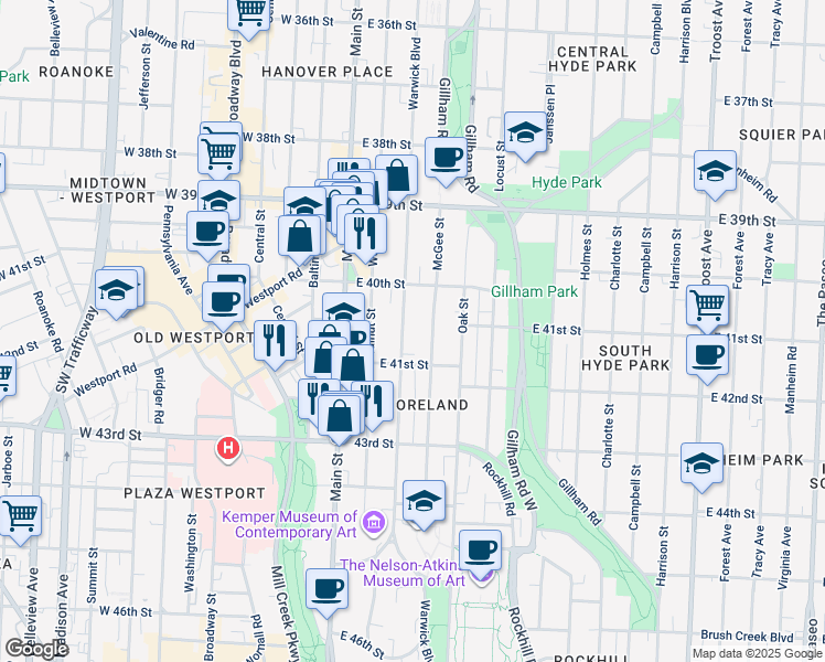 map of restaurants, bars, coffee shops, grocery stores, and more near 4047 Warwick Boulevard in Kansas City