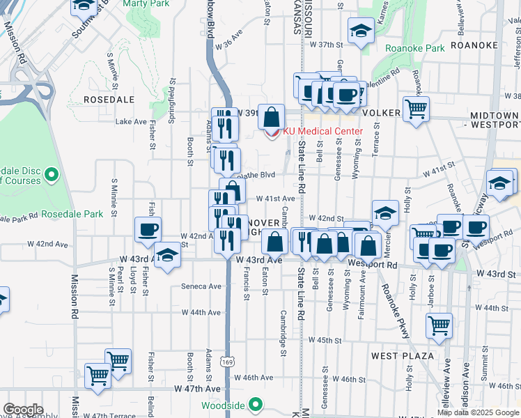 map of restaurants, bars, coffee shops, grocery stores, and more near 4157 Eaton Street in Kansas City