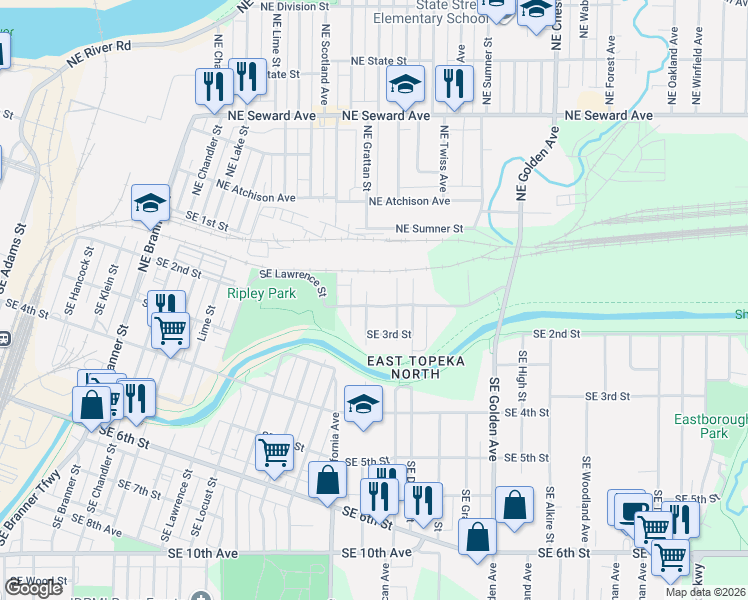 map of restaurants, bars, coffee shops, grocery stores, and more near 2000 Southeast 2nd Street in Topeka