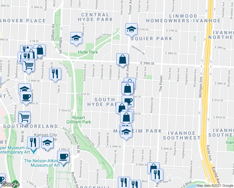 map of restaurants, bars, coffee shops, grocery stores, and more near 920 East 41st Street in Kansas City