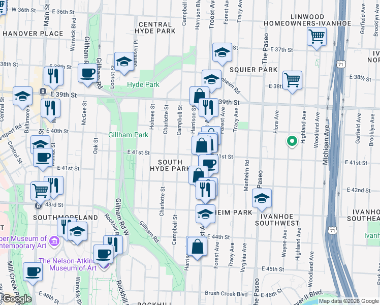 map of restaurants, bars, coffee shops, grocery stores, and more near 920 East 41st Street in Kansas City