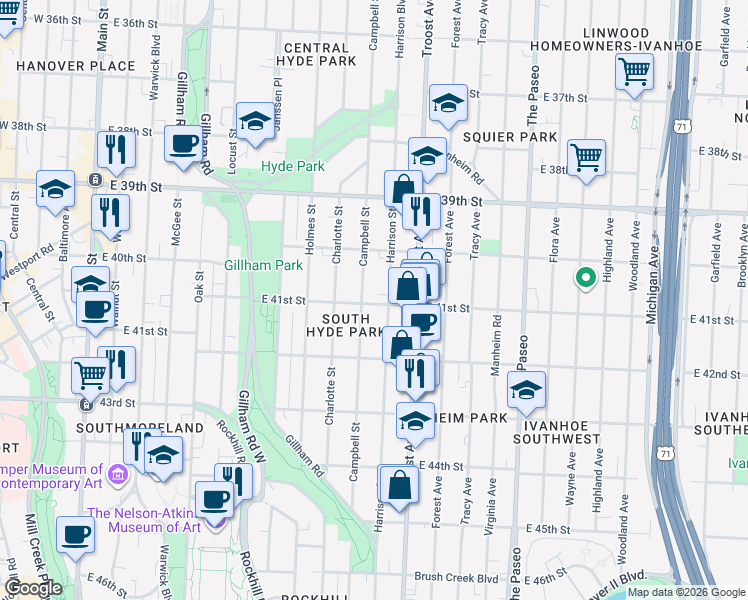 map of restaurants, bars, coffee shops, grocery stores, and more near 920 East 41st Street in Kansas City