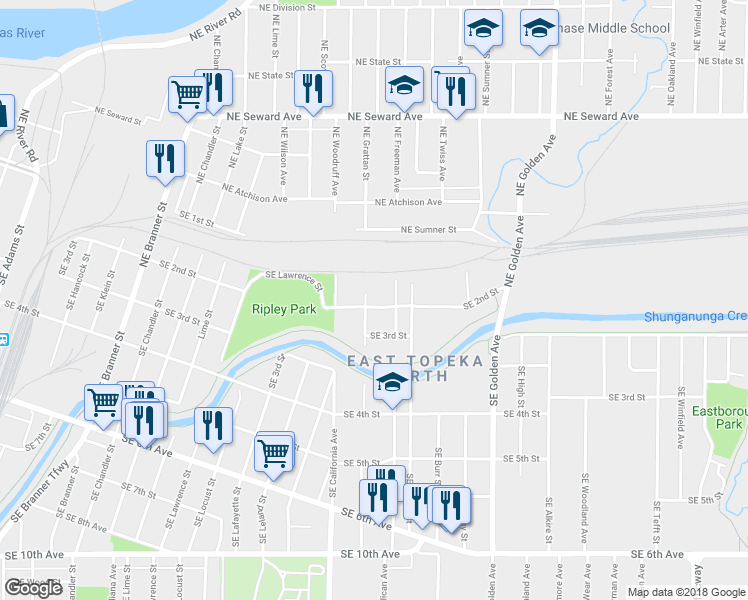 map of restaurants, bars, coffee shops, grocery stores, and more near 2000 Southeast 2nd Street in Topeka