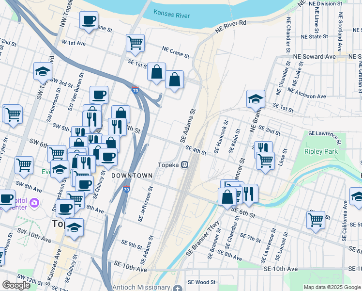 map of restaurants, bars, coffee shops, grocery stores, and more near 401 Southeast Adams Street in Topeka