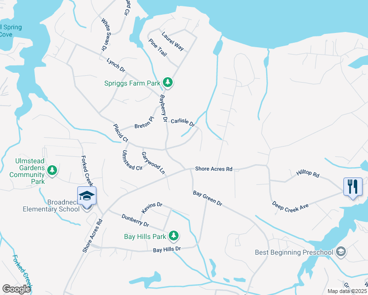 map of restaurants, bars, coffee shops, grocery stores, and more near 1040 Placid Court in Arnold
