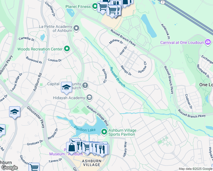 map of restaurants, bars, coffee shops, grocery stores, and more near 20380 Altavista Way in Ashburn
