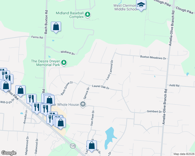 map of restaurants, bars, coffee shops, grocery stores, and more near 1356 Satinwood in Amelia