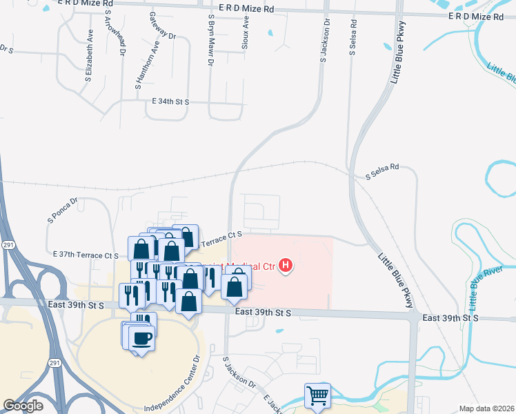 map of restaurants, bars, coffee shops, grocery stores, and more near 19400 East 37th Terrace Court South in Independence