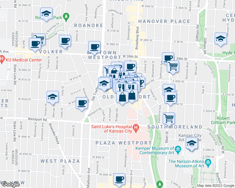 map of restaurants, bars, coffee shops, grocery stores, and more near 540 Westport Road in Kansas City
