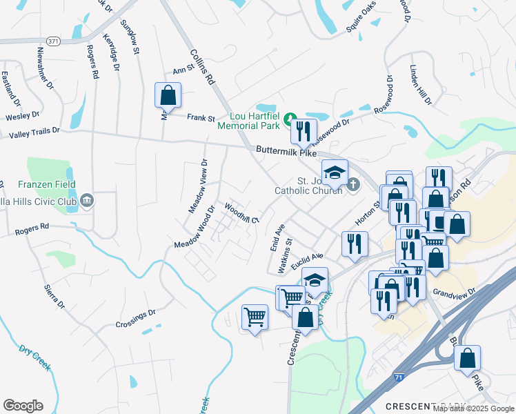 map of restaurants, bars, coffee shops, grocery stores, and more near 2304 Woodhill Court in Crescent Springs