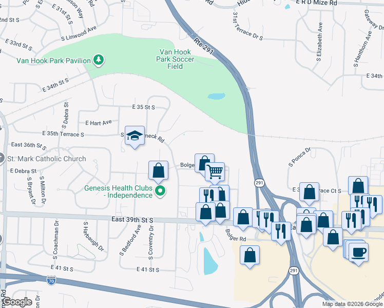 map of restaurants, bars, coffee shops, grocery stores, and more near 17800 Bolger Road in Independence