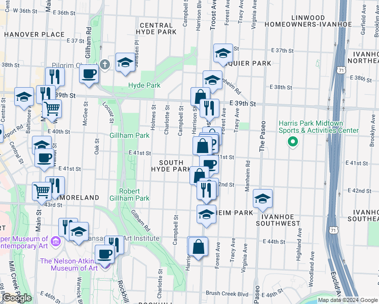 map of restaurants, bars, coffee shops, grocery stores, and more near 920 East 41st Street in Kansas City