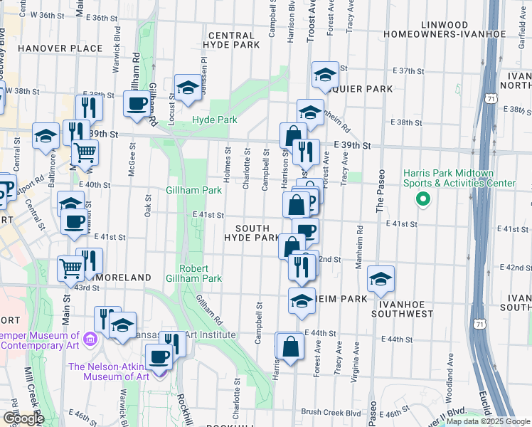 map of restaurants, bars, coffee shops, grocery stores, and more near 4100 Campbell Street in Kansas City