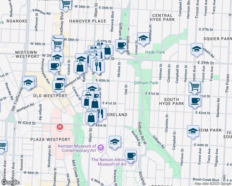 map of restaurants, bars, coffee shops, grocery stores, and more near 4041 McGee Street in Kansas City