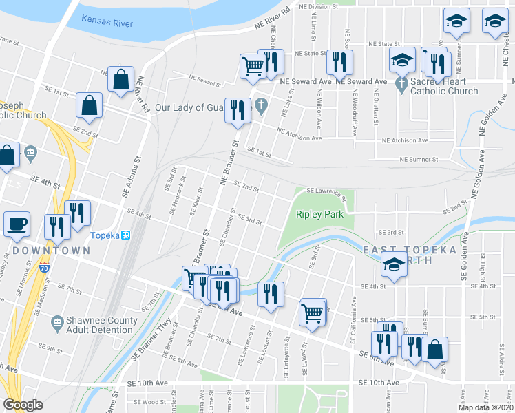 map of restaurants, bars, coffee shops, grocery stores, and more near 222 Southeast Lake Street in Topeka