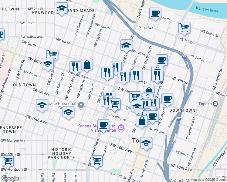 map of restaurants, bars, coffee shops, grocery stores, and more near 634-698 Southwest Topeka Boulevard in Topeka