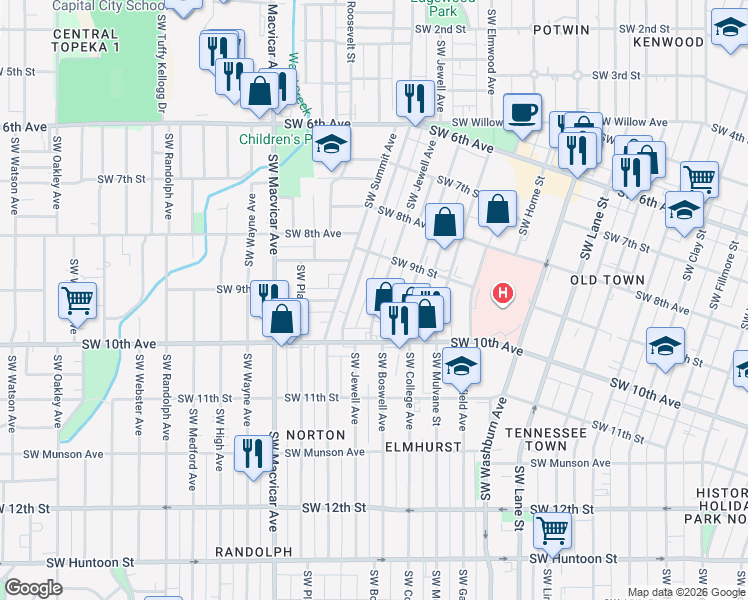 map of restaurants, bars, coffee shops, grocery stores, and more near 944 SW Jewell Ave in Topeka