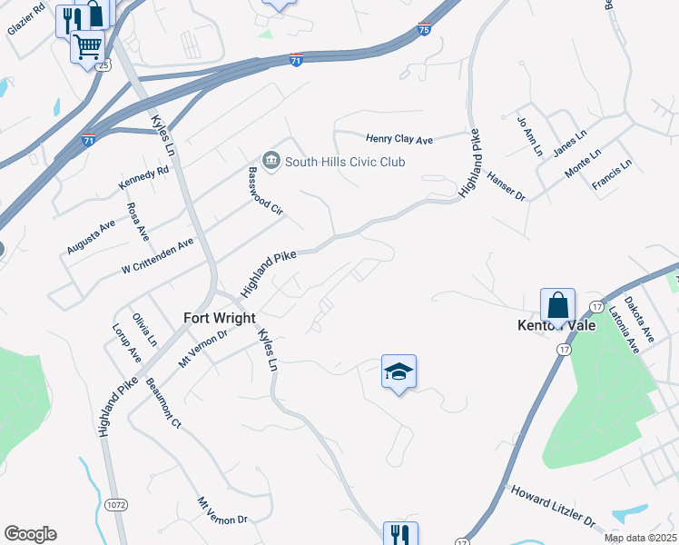 map of restaurants, bars, coffee shops, grocery stores, and more near 556-23 West Cloverfield Lane in Fort Wright