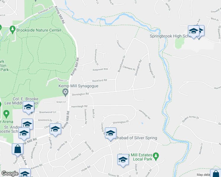 map of restaurants, bars, coffee shops, grocery stores, and more near 501 Stonington Road in Silver Spring
