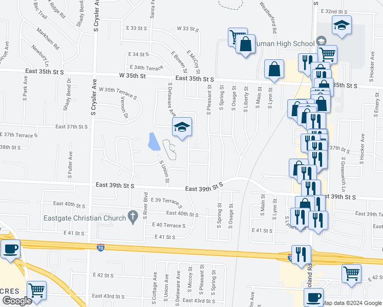 map of restaurants, bars, coffee shops, grocery stores, and more near 13001 East 37th Terrace South in Independence