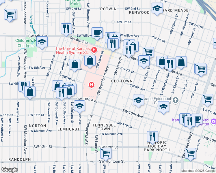 map of restaurants, bars, coffee shops, grocery stores, and more near 819 Southwest Lane Street in Topeka