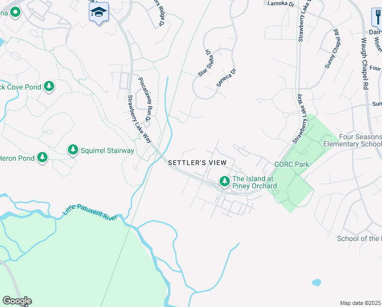 map of restaurants, bars, coffee shops, grocery stores, and more near 2839 Settlers View Drive in Odenton