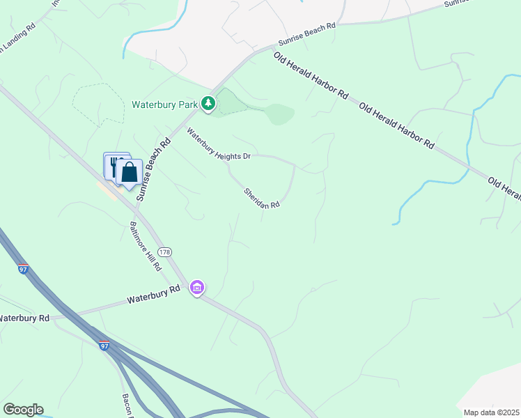 map of restaurants, bars, coffee shops, grocery stores, and more near 1274 Sheridan Road in Crownsville