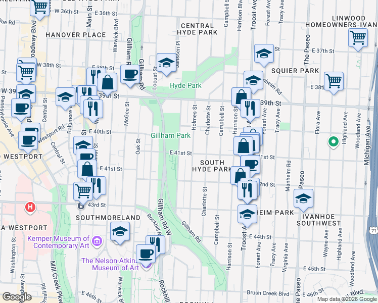 map of restaurants, bars, coffee shops, grocery stores, and more near 4105 Kenwood Avenue in Kansas City