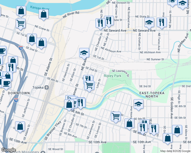 map of restaurants, bars, coffee shops, grocery stores, and more near 222 Southeast Lake Street in Topeka