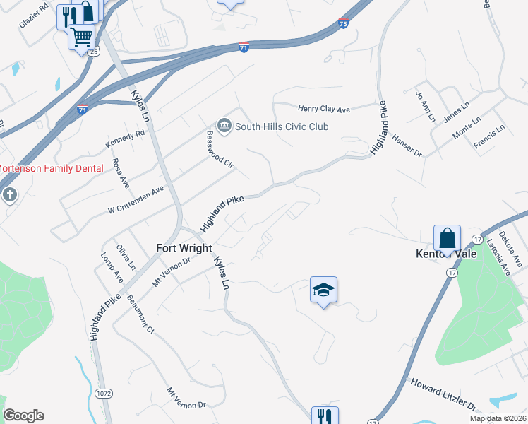 map of restaurants, bars, coffee shops, grocery stores, and more near 556-23 West Cloverfield Lane in Fort Wright