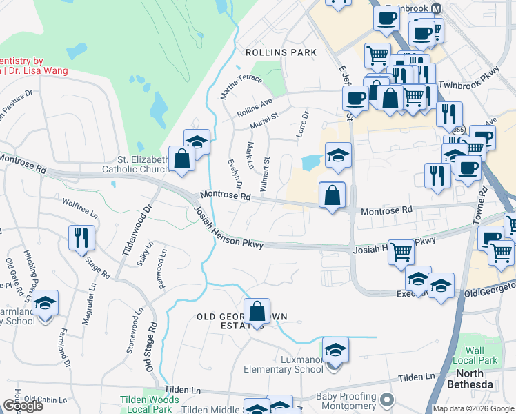 map of restaurants, bars, coffee shops, grocery stores, and more near 11914 Bargate Court in Rockville