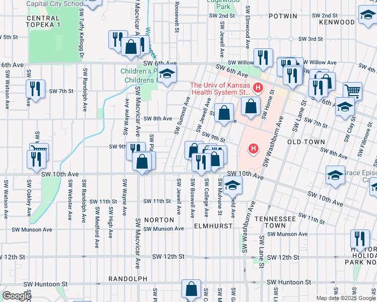 map of restaurants, bars, coffee shops, grocery stores, and more near 944 SW Jewell Ave in Topeka